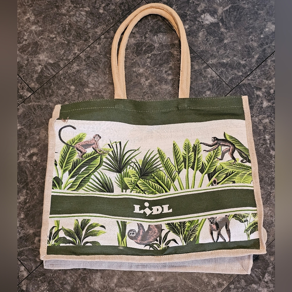 Lidl Jute Jungle Sloth Monkey Reusable Shopping Tote Bag Cotton Earth Viral Read